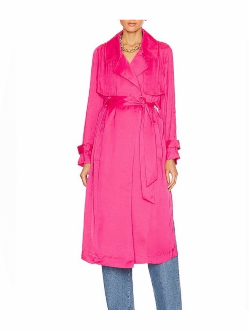 BB DAKOTA STEVE MADDEN- Bright Pink Long satin Trench Coat with Belt